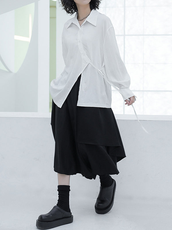 Loose Puff Sleeves Asymmetric Lace-up See-through Color Split-joint Lapel Blouses