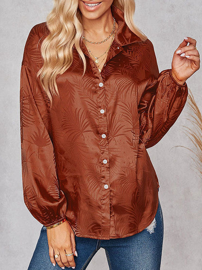 Loose Puff Sleeves Jacquard Split-joint Lapel Blouses