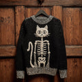 Women Halloween Cat Skull Art Making Old Round Neck Sweater elevenforest