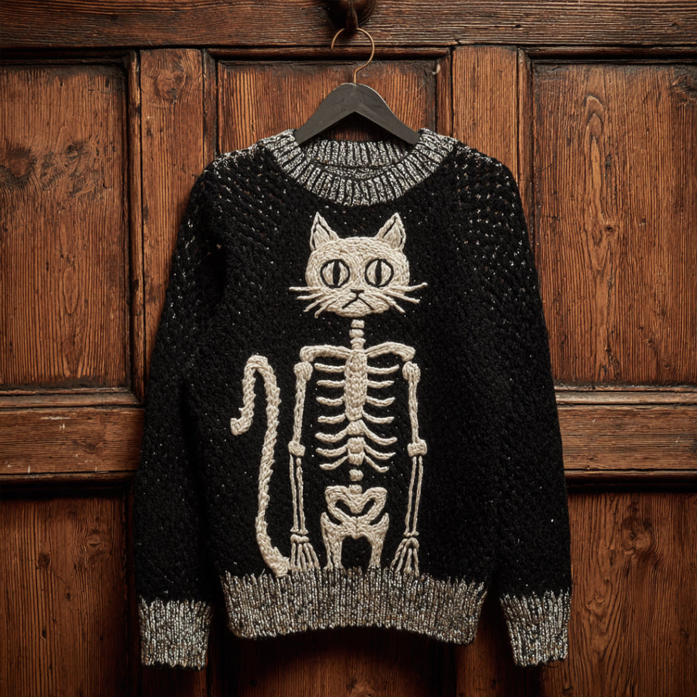 Women Halloween Cat Skull Art Making Old Round Neck Sweater elevenforest