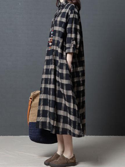 Loose Plaid Ramie Cotton Blouse Midi Dresses