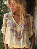 Bohemian Floral Embroidery Women's Linen V-neck Shirt elevenforest
