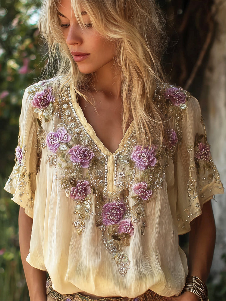 Bohemian Floral Embroidery Women's Linen V-neck Shirt elevenforest