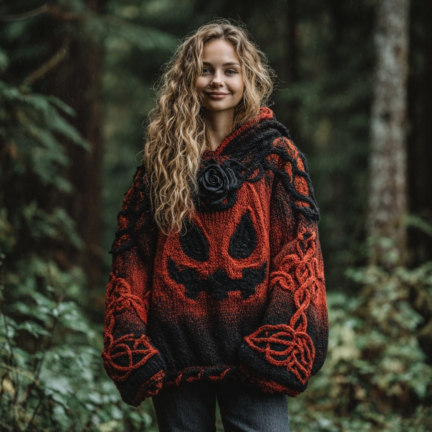Women's Halloween Spooky Face Celtic Gradient Art Cozy Knitted Hooded Sweater elevenforest