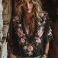 Ladies' Pink Rose Black Casual V-neck Short Sleeved Top elevenforest