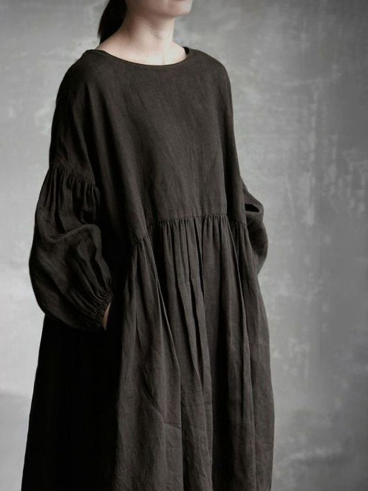 Black Linen Pleated Loose Maxi Dress elevenforest