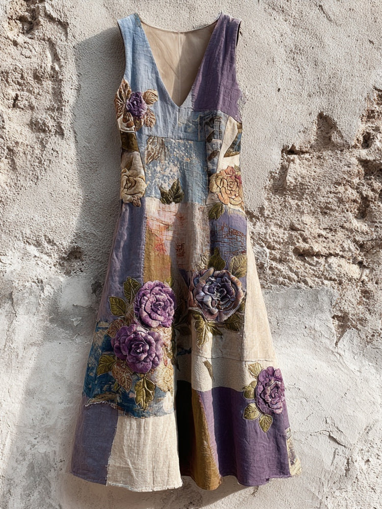 Purple Roses Embroidered Patchwork Linen Midi Dress elevenforest