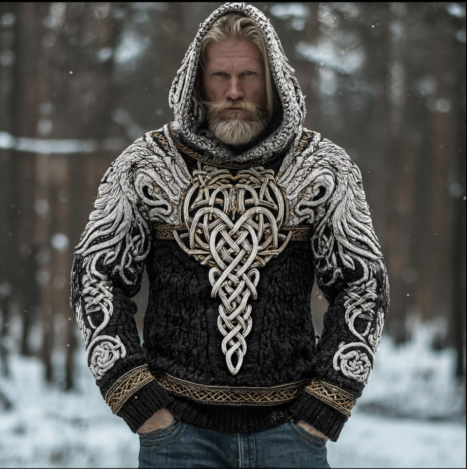 Men's Hooded Thick Sweater With Viking Style Tribal Totem And Wolf Totem Patterns elevenforest