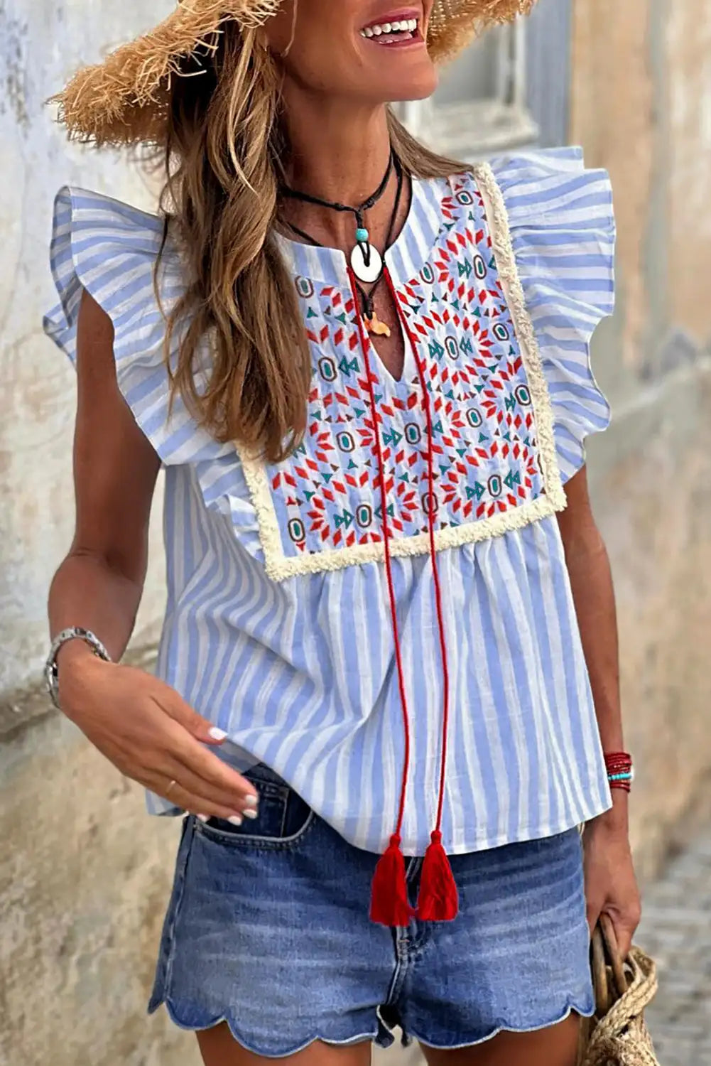 Sky Blue Geo Embroidered Blouse