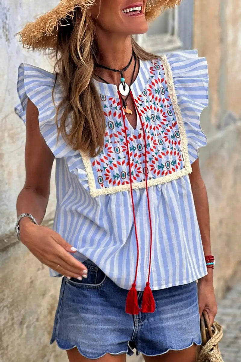 Sky Blue Geo Embroidered Blouse