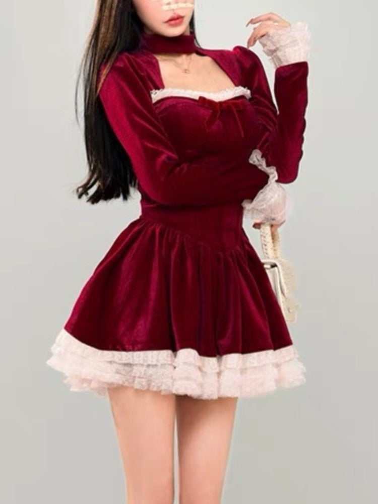 Y2k Velvet Mini Dress Lace Ruffles Patchwork Square Collar Autumn Spring Christmas Party A-line Princess Vestidos Mujer