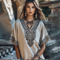 Vintage Greek Key V Neck Cotton Linen Contrast Shirt elevenforest