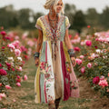 Women's Vintage Rose Floral Art Patchwork Comfy Maxi Dress elevenforest