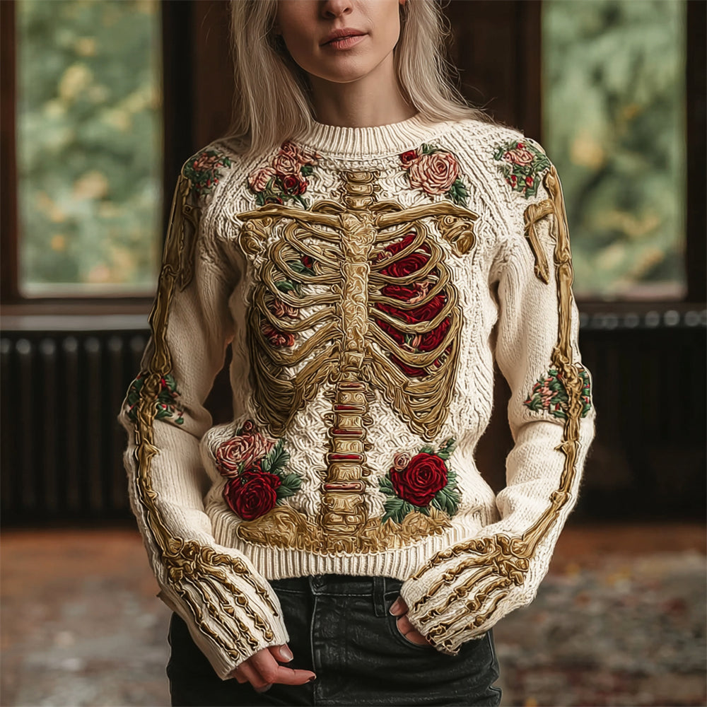 Retro Skeleton & Floral Women's Crew Neck Knit Sweater artswardrobe