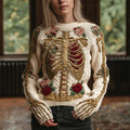 Comstylish Retro Skeleton & Floral Women's Crew Neck Knit Sweater
