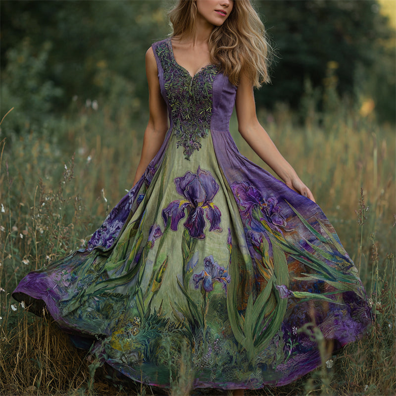 Oil Painting Purple Irises Embroidered Linen Maxi Dress elevenforest