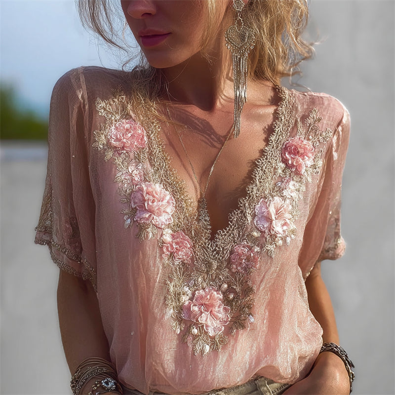Boho Pink Flowers Fiber Art Lace Flowy Tunic elevenforest