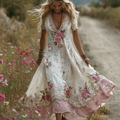Vintage Floral Embroidery Art Women's Comfy Linen Maxi Dress elevenforest