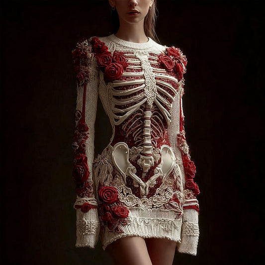 Women's Halloween Skeleton Bones With Rose Art Cozy Knit Mini Sweater Dress artswardrobe