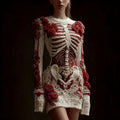 Comstylish Women's Halloween Skeleton Bones With Rose Art Cozy Knit Mini Sweater Dress