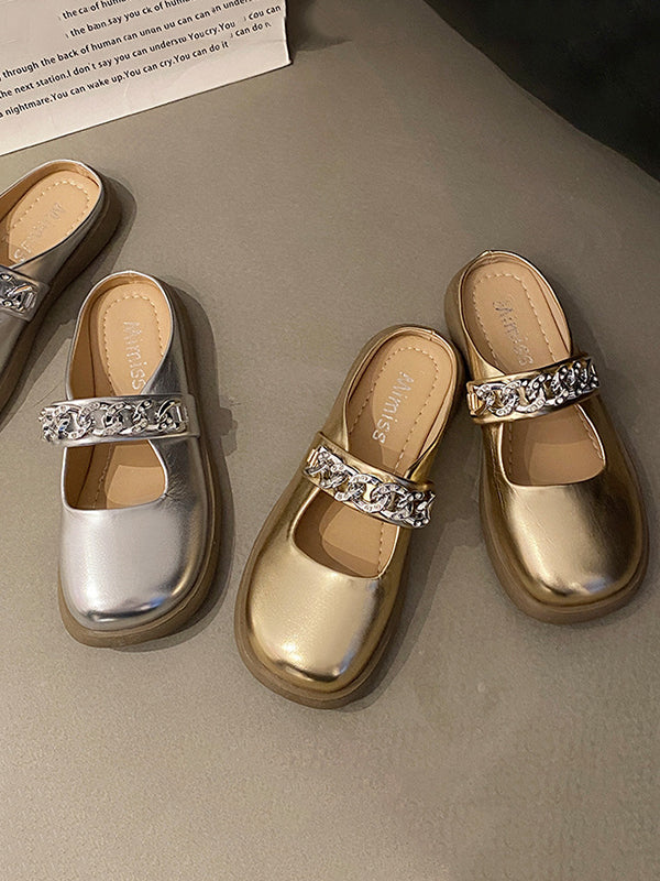 Chains Round-toe Shallow Cut Split-joint Mary Janes Slippers