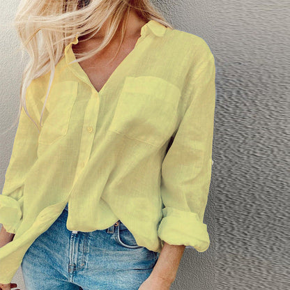 ’s Autumn Color Long Sleeve Collared Cotton Linen Blouse