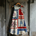 Vintage Independence Day American Geometry Floral Linen Tank Dress elevenforest