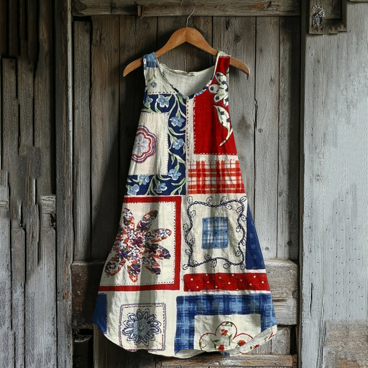 Vintage Independence Day American Geometry Floral Linen Tank Dress elevenforest