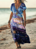 Women's Starry Sky Inspired Beaded Embroidered Linen Blend Dress elevenforest