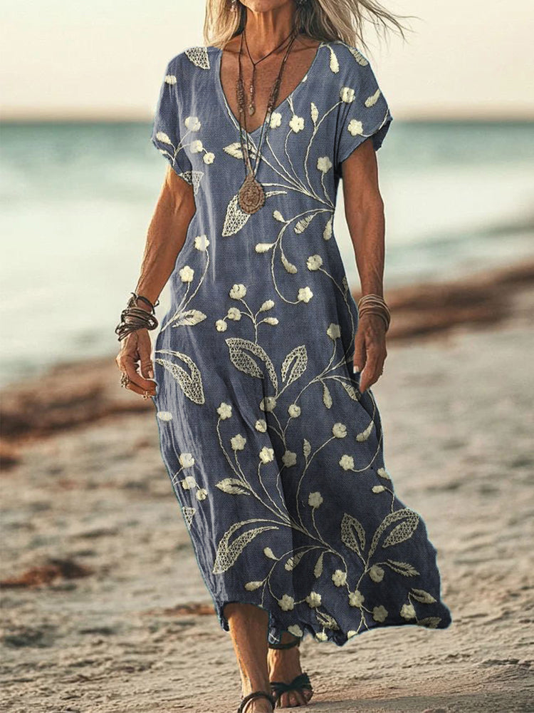 Women's Floral Embroidery Pattern Linen Blend Dress elevenforest