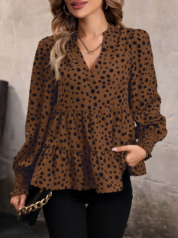 Long Sleeves Loose Elasticity Polka-dot Split-joint V-neck Blouses&shirts Tops
