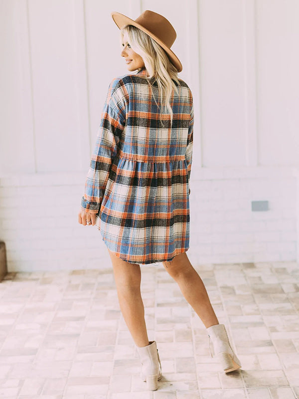 Loose Checkered Lapel Blouses&shirts Tops