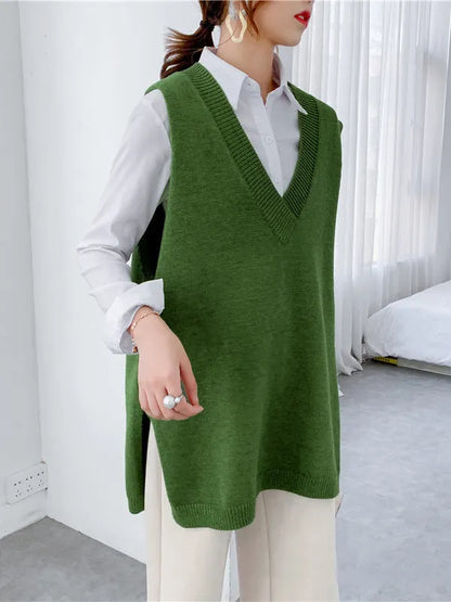 Sleeveless Split-side Color V-neck Knitted Vest