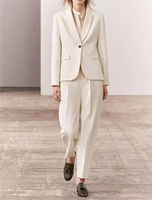 Spring Dress Collar Single Button Slim Fit Blazer High Waist Pleated Blouse Pants