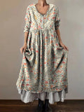 Women's Floral Art Print V-Neck Button Pocket Cotton Dress