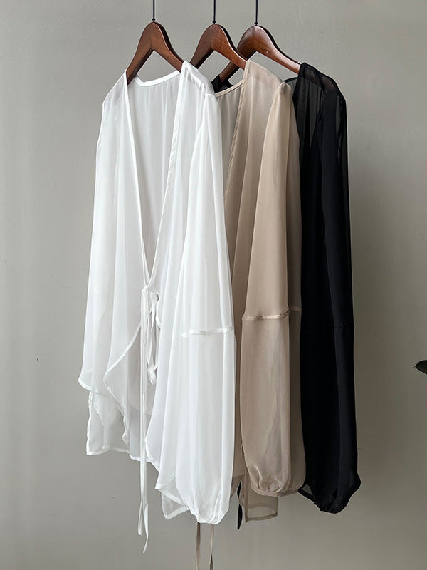 Bishop Sleeve Long Sleeves See-through Split-joint Tied Collarless Blouses&shirts Tops