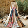 Women's Retro Bohemian Floral Casual V-neck Long-sleeved Dress (belt Not Included) elevenforest
