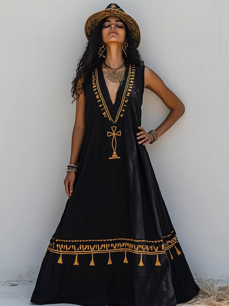 Bohemian Egyptian Elements Women's Vacation Vest Maxi Dress elevenforest