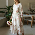 Vintage Floral Art Women's Linen Long Sleeve Midi Dress elevenforest