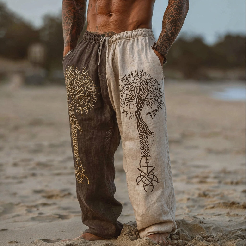 Men's Vintage Two-tone Viking Tree Of Life Inspired Bohemian Summer Casual Pants elevenforest