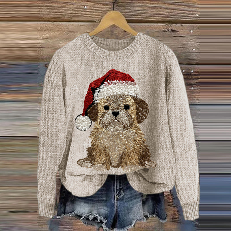 Comstylish Women's Christmas Puppy Embroidery Art Print Casual Sweater