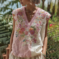 Women's Patchwork Rose Embroidered Linen Tank Top elevenforest
