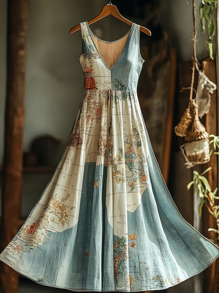 Vintage Old Map Graphic Linen Maxi Dress elevenforest