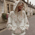 Women's Vintage Pink Flower Embroidery Art Long Sleeve Casual Hoodie