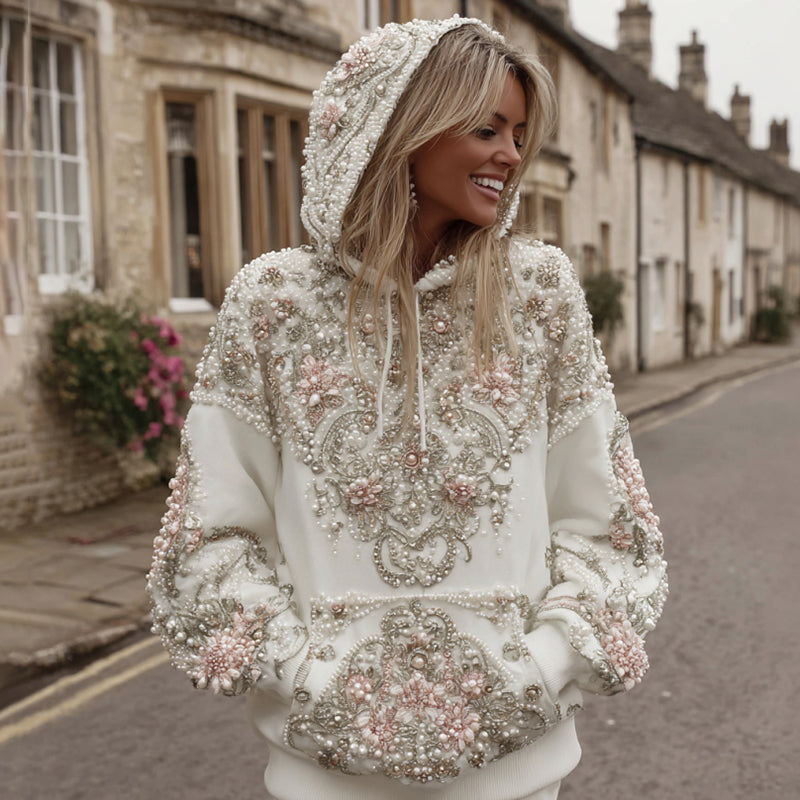 Women's Vintage Pink Flower Embroidery Art Long Sleeve Casual Hoodie