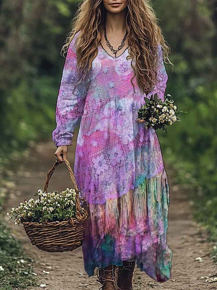 Colorful Boho Floral Lace Flowy Linen Blend Maxi Dress elevenforest