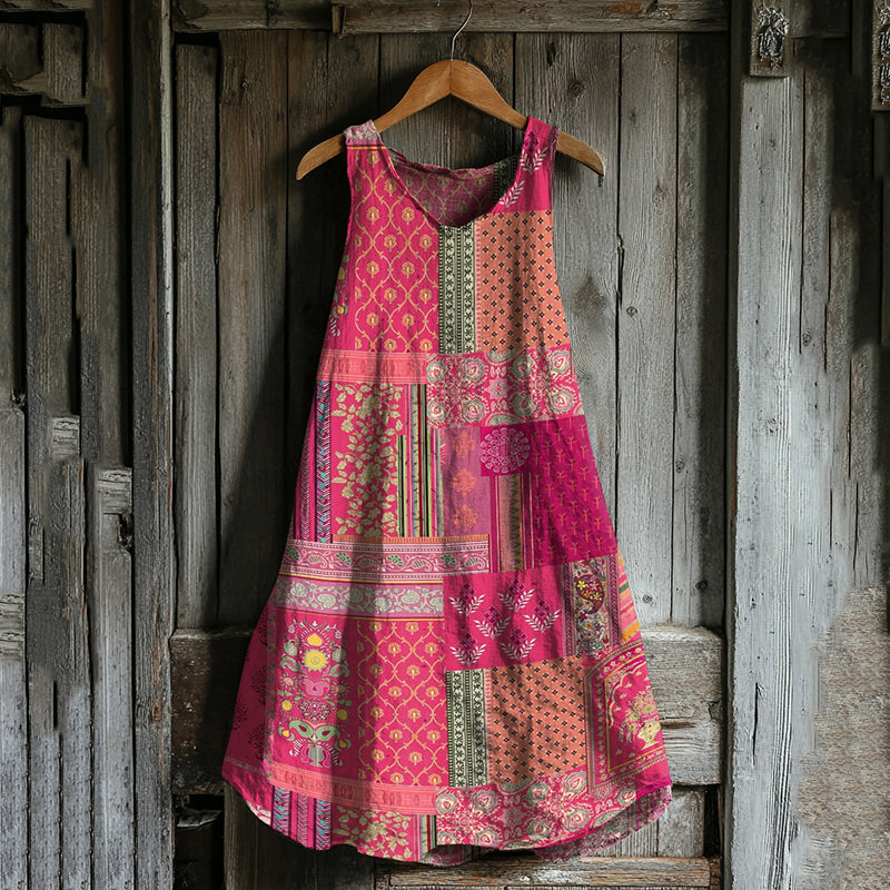 Vintage Floral Patchwork Art Linen Blend Tank Dress elevenforest