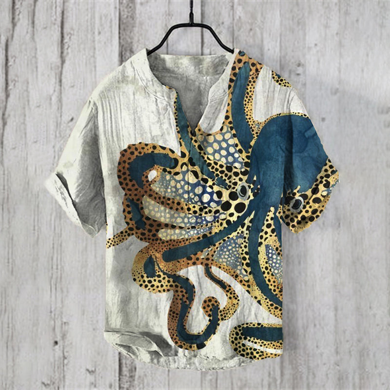 Japanese Art Octopus V Neck Casual Linen Blend Shirt elevenforest