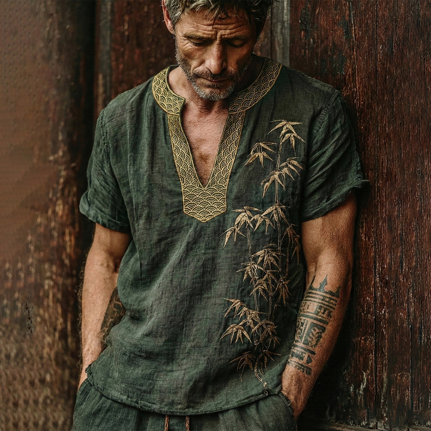 Men's Japanese Bamboo Waves Art Cozy Linen V Neck Shirt elevenforest