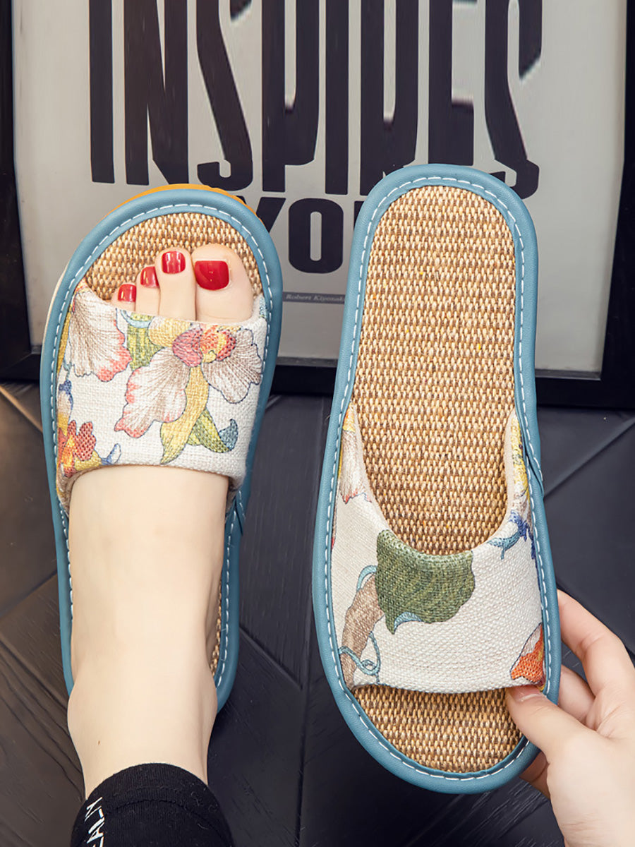 Summer Couple Linen Flower Print Indoor Flat Slippers Cc008